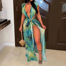 Work Dresses 2023 Boho Printed Summer 2 Pcs Sets For Women Hollow Sleeveless Open Back V-neck Skinny Bodysuit Tops Wrap Midi Slit Skirt