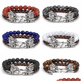 Charm Bracelets Fashionable Dragon Head Clasp Set 8Mm Natural Gemstone Beads Bracelet With Handmade Leather Rope Drop Delivery Jewellery Dhfsl