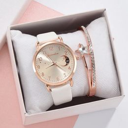 Other Watches Women Watch Moon Numbers Dial Bracelet Watches Set Ladies Leather Band Quartz Wristwatch Women Female Clock Relogio Mujer 230928