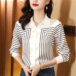 Geometric Print Silk Satin Beige Shirt Long Sleeve Women Simple Fashion Designer Blouses 2023 Autumn Winter Lapel Classic Button Up Shirts Office Ladies Runway Tops