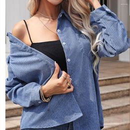 Women's Blouses Fashion Blue Striped Shirt Spring Autumn Corduroy Casual Loose Long Sleeve Blouse Street Single Row Button White Top