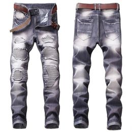 Mens Pleated Panelled Biker Jeans Fashion Designer Straight Leg Motocycle Slim Fit Washed Luxurr Denim Pants Trousers213P
