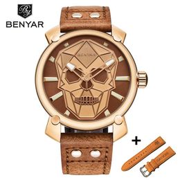 BENYAR New Creative Blue Skull Watch Mens Watches Set Luxury Fashion Leather Quartz Wristwatch Clock Men Relogio Masculino267G