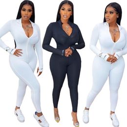 High Elastic Fitness Rompers Womens Jumpsuit Deep o Neck Full Sleeve Bodycon Overall Streetwear Black White Club Party Body Suit279I