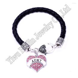 Charm Bracelets AUNT Heart Leather Bracelet Crystal Hearts Metal Family Member Lobster Claw