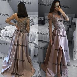 Silver Green Long Sleeve Prom Formal Dresses Lace Stain Beaded Sexy Slit Vestido de noche Full Length Evening Gown Wear2405