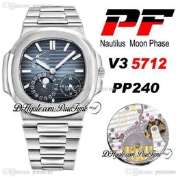 PF V3 5712 Moon Phase PP240 Automatic Mens Watch Power Reserve D-Blue Texture Dial Stainless Steel Bracelet Super Edition PTPP Pur299K