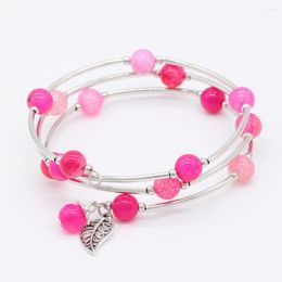 Link Bracelets Romantic Pink Round Stone Warp Bracelet Stainless Steel Tube Accessory Leaf Charm Summer Gemstone Jewelry For Women GB020