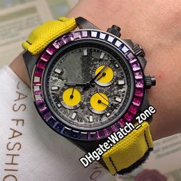 Versione PVD Cassa nera 116500LN Quadrante giallo con scarabocchi Orologio automatico da uomo Cinturino in pelle di nylon giallo Lunetta con diamanti arcobaleno Wa273K