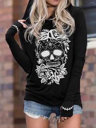 Women's Hoodies Halloween Skull Floral Thumbhole Hoodie Black Women Retro Autumn Winter Goth Full Long Sleeve Loose Coats Harajuku