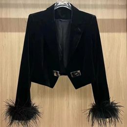 Women's Jackets Lapel Long-sleeved Ostrich Black Velvet Short Jacket Girl Abrigos Para Mujeres