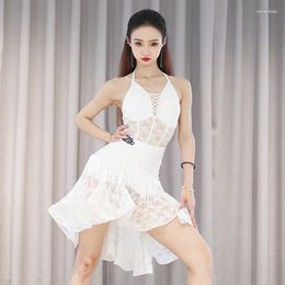 Stage Wear White Lace Latin Dance Dress Women Sexy V Neck Tops Skirt Adult Practice Clothes Club Prom Competition DNV18443