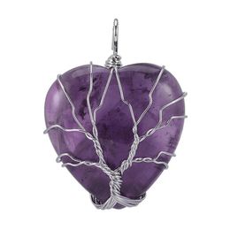 Loose Gemstones Tree Of Life Heart Natural Gemstone Amethyst Turquoise Pendant Necklace Copper Wire Wrapped Agate Healing Charms Jewel Dhrfk