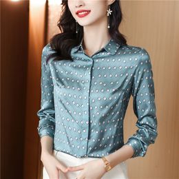 2023 Classic Lapel Women Designer Blouses Autumn Winter Vintage Silk Satin Long Sleeve Blue Shirts Fine Elegant Office Ladies Graphic Button Up Shirt Runway Tops