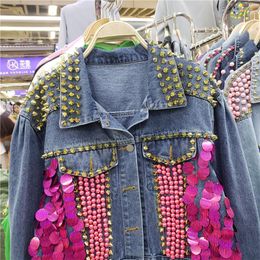 Women's Jackets Heavy Industry Nailed Beads Denim Short Style Jacket Women 2023 Spring And Autumn Rivet Sequins Outwear Coat