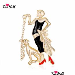 Pins Brooches Taohill Enamel Women Wearing Black Dress And Dog For Lady Pets Casual Party Brooch Gifts Drop Delivery Jewellery Dh15E