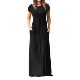 Casual Dresses Summer Maxi Dress For Women Clothing 2023 Fashion Solid Colour Sexy Short Sleeve High Waist Pocket Robe