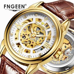 Skeleton Automatic Watch Mens Luxury Diamond Clock Fashion Gold Leather Meale Mechanical Tourbillon Wristwatch Wristwatches224g