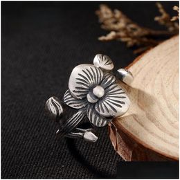 Cluster Rings Lotus925 Sterling Sier For Women Retro Female 925 Ring Finger Opening Adjustable Drop Delivery Jewellery Dhsi4