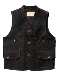 Men's Vests High Quality Waistcoat Genuine Leather Moto Sleeveless Jackets Fruit Button Multi-pocket Frosted Cowhide Vest
