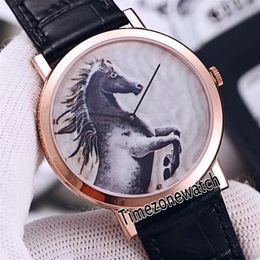 New Altiplano Ultra-thin Rose Gold Case G0A38571 Cal 1400 Mechanical Hand-winding Mens Watch White Horse Totem Dial Leather Strap 259b