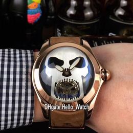 New Bubble Rose Gold Case L390 03694 Black Dial Silver Skull Tourbillon Automatic Mens Watch Brown Leather Strap Watches Hello Wat292e