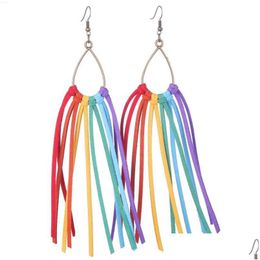 Dangle Chandelier Teardrop Accented Rainbow Suede Leather Tassel Boho Earrings For Women Fashion 16 Cm Long Fringe Statement Jewelry D Dhtnd