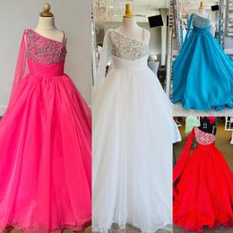 One-Shoulder Ballgown Girl Pageant Dress 2024 with Cape Crystals Little Kid Birthday Formal Cocktail Party Gown Toddler Teens Tiny Young Junior Miss Jade Hot Pink Red