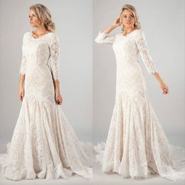 Nova sereia renda modestos vestidos de casamento com 3/4 mangas compridas vintage lds muçulmano vestidos de noiva varredura trem botões