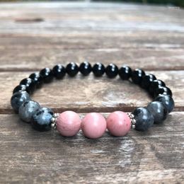 Charm Bracelets Stress Relief Bracelet Rhodonite Black Onyx Beaded Stretchy 8mm Beads Stone Healing Gift For Women