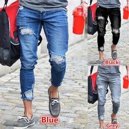 Mens Biker Fashion Jeans Slim Ripped Denim Pancil Pants Men Streetwear Distressed Pants Jeans Male Long Pants Black Grey Blue Jean288V