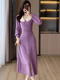 Basic Casual Dresses French Vintage Style New Autumn Winter Purple High End Design Sweater Dress Women Lapel Long Sleeve Knit Long Dresses 2024