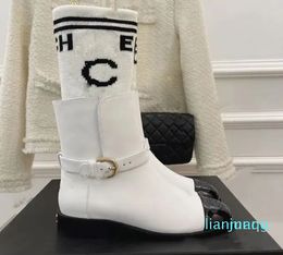 With Metal Sheepskin Designer Stretch Boot Chelsea Rainboot Round Toes Knight Fashion Snow Boot