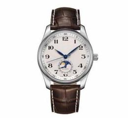 classic Man watch mechanical automatic watches for Men white dial brown leather strap 001303y