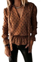 Women's Blouses Khaki V Neck Tie Polka Dot Ruffled Blouse Women Casual Fashion Elegant Elements Tops