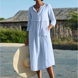 Casual Dresses Ladies Elegant Long Dress Cotton Linen Loose Knee-length Sleeve Buttons Pockets Women Button Down Beach Suit