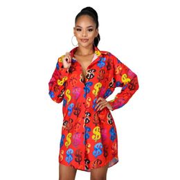 Dollar Print Shirt Dresses Women Designer Lapel Neck Long Sleeve Short Mini Dress Ship272k