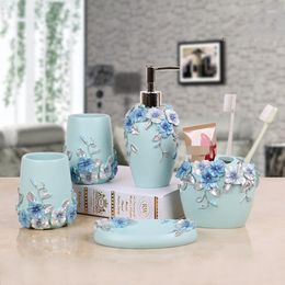 Bath Accessory Set Nordic Bathroom Decoration Accessories Simple Resin Romantic Flower Toothbrush Holder Soap Dispenser Tray Supplies