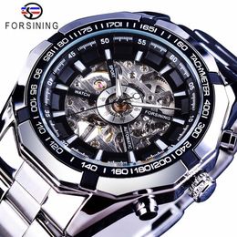 Forsining 2017 Silver Stainless Steel Waterproof Mens Skeleton Watches Top Brand Luxury Transparent Mechanical Male Wrist Watch Y1195n