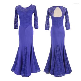 Stage Wear Professional Standard Ballroom Dance Dress Blue Green Lace Waltz Dancing Clothes Long Sleeves Performance Costume DL6708