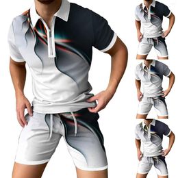 Men's Tracksuits Men Spring Summer Top Shorts Sport Suit Short Sleeve Zipper Lapel Printed Fashion Casual Sports