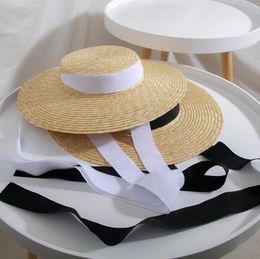 French Vintage Hepburn Straw Hat Summer Vacation Beach Caps Long Ribbon Elegant Flat Cap Sunscreen Bandage Wide Brim Hats1370832