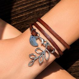 Charm Bracelets S3699 Women Hand-woven Leather Rope Bracelet Retro Hand Bird Multi-layer Winding Lead Tassel