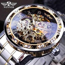 Winner Transparent Fashion Diamond Luminous Gear Movement Royal Design Men Top Brand Luxury Male Mechanical Skeleton Wrist Watch 2267N