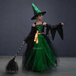 Special Occasions Fairytale Green Witch Dress with Hat Broom Glamour Kids Halloween Fancy Gown Tutu Robe Costume Gothic Girls Cosplay Clothing x1004