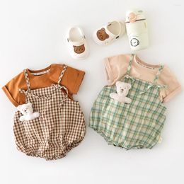 Rompers 2023 Summer Plaid Baby Girls Bodysuit Cotton Sleeveless Strap Jumpsuit Korean Born Boy Outfit Clothes Toddler One Piece
