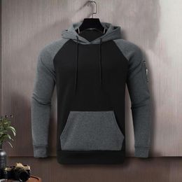 Men's Hoodies Men Fall Top Plush Colorblock Hoodie Warm Winter Sweatshirt With Zipper Decor Big Patch Pocket For Casual Sports