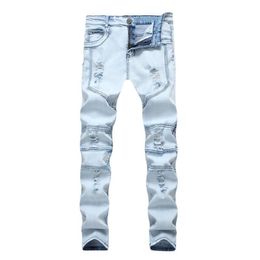 Casual Fit Hommes Cowboys Trousers Fashion Male Wash Ripped Holes Light Blue Feet Slim Stretch Jeans Male Spliced Denim Pants2797