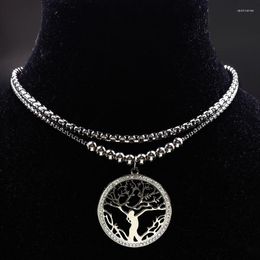 Chains Tree Of Life Crystal Stainless Steel Choker Necklace Women Girl Silver Colour Chain Jewerly Bisuteria Mujer N61S08