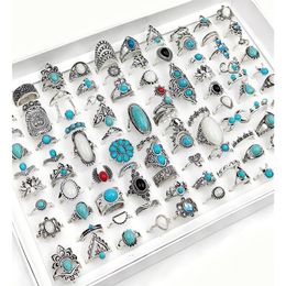 Band Rings 50 100Pcss Lot Vintage Boho Blue Stone Turquoise For Women Whole Mix Styles Ethnic Finger Ring Set Jewellery Party Gifts Drop Dhmsx